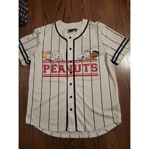 Peanuts Mens Large Jersey Pinstripe Baseball Snoopy Charlie Brown Shirt